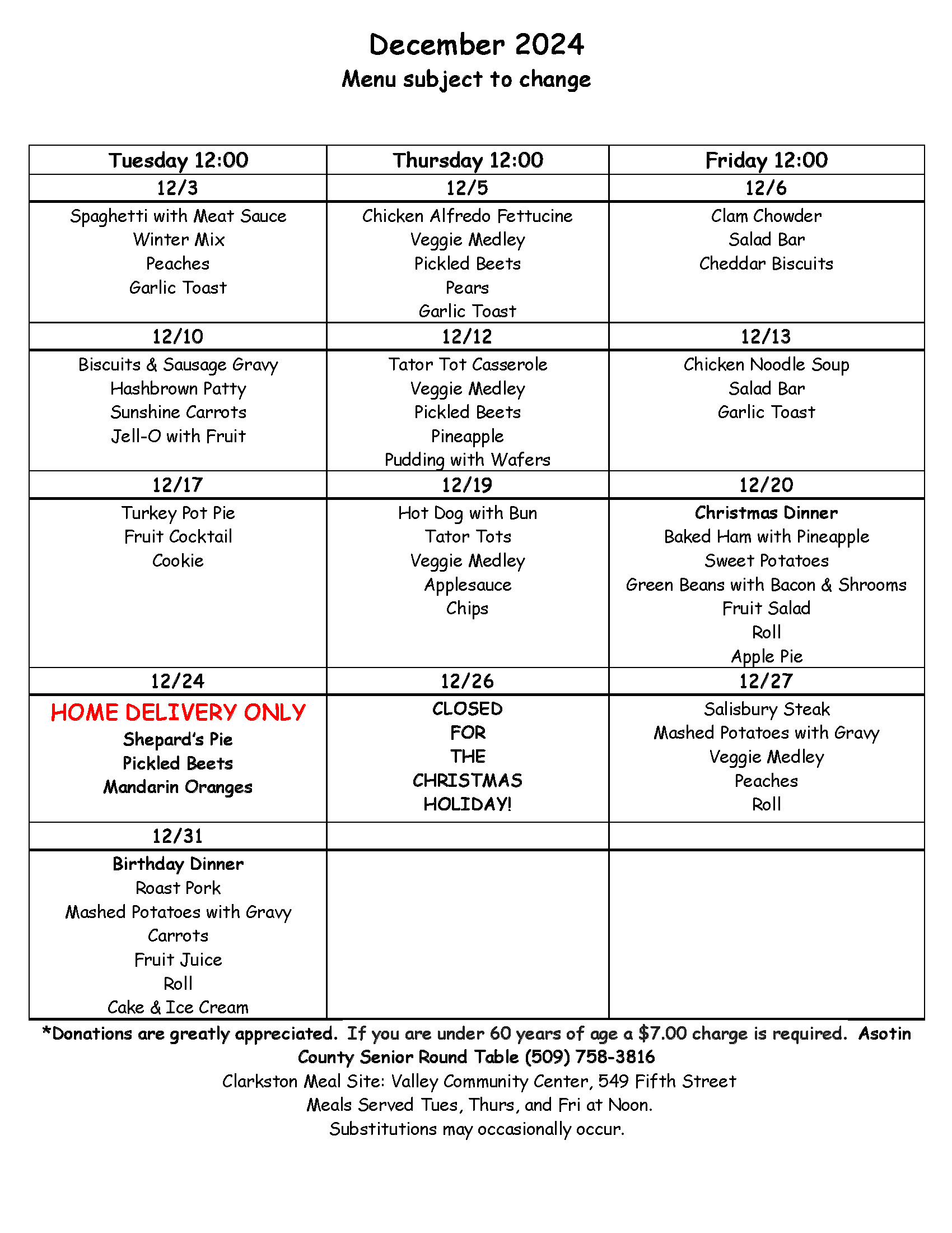 December 2024 Menu