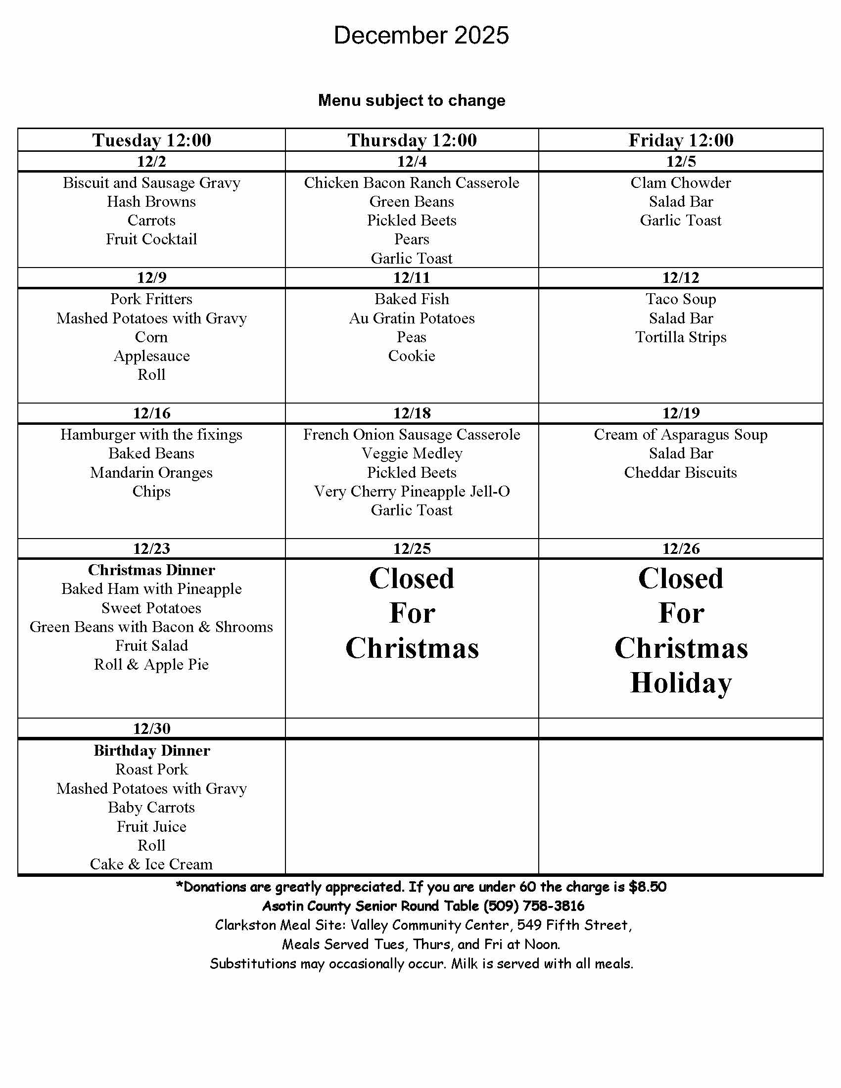 December 2025 Menu