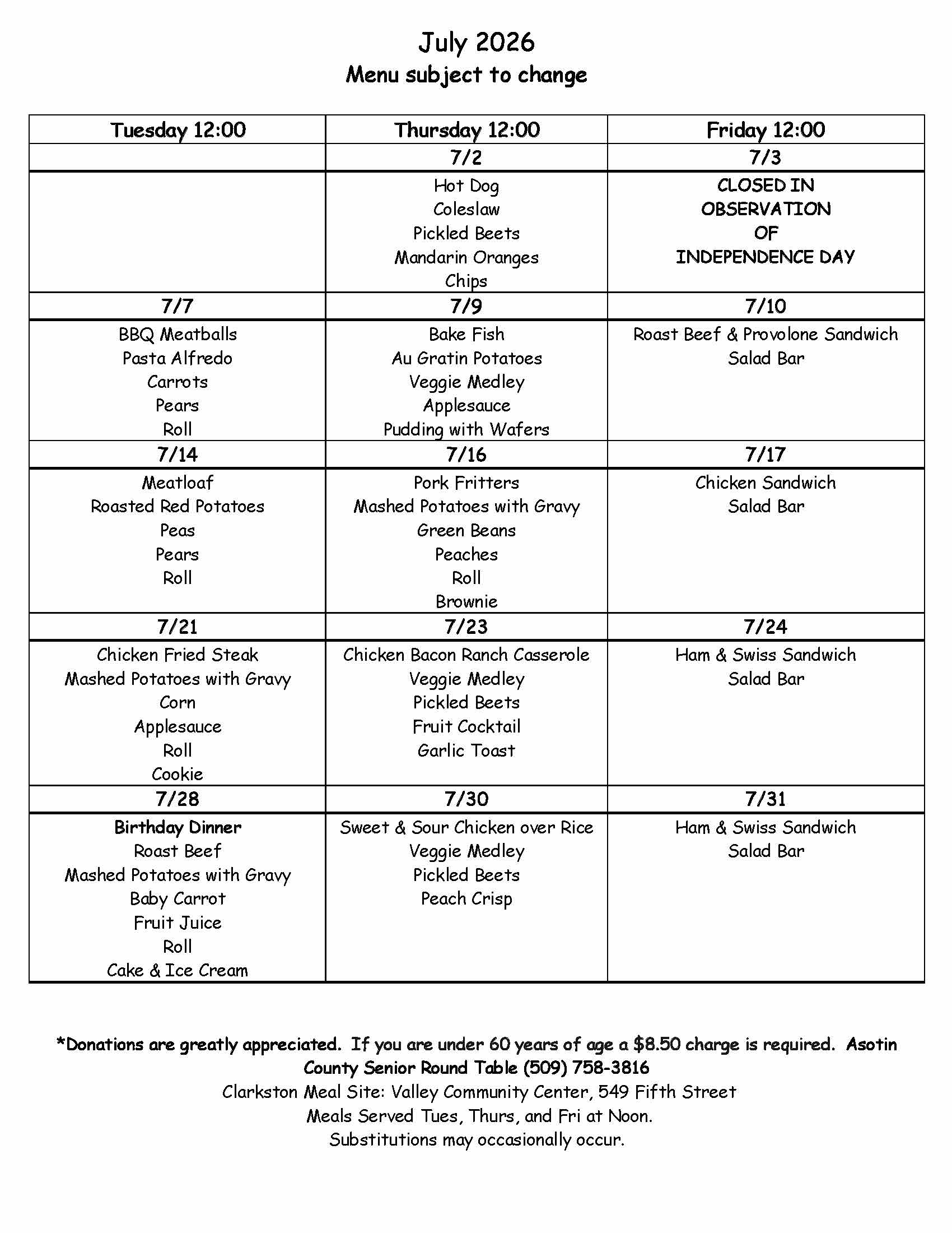July 2026 Menu