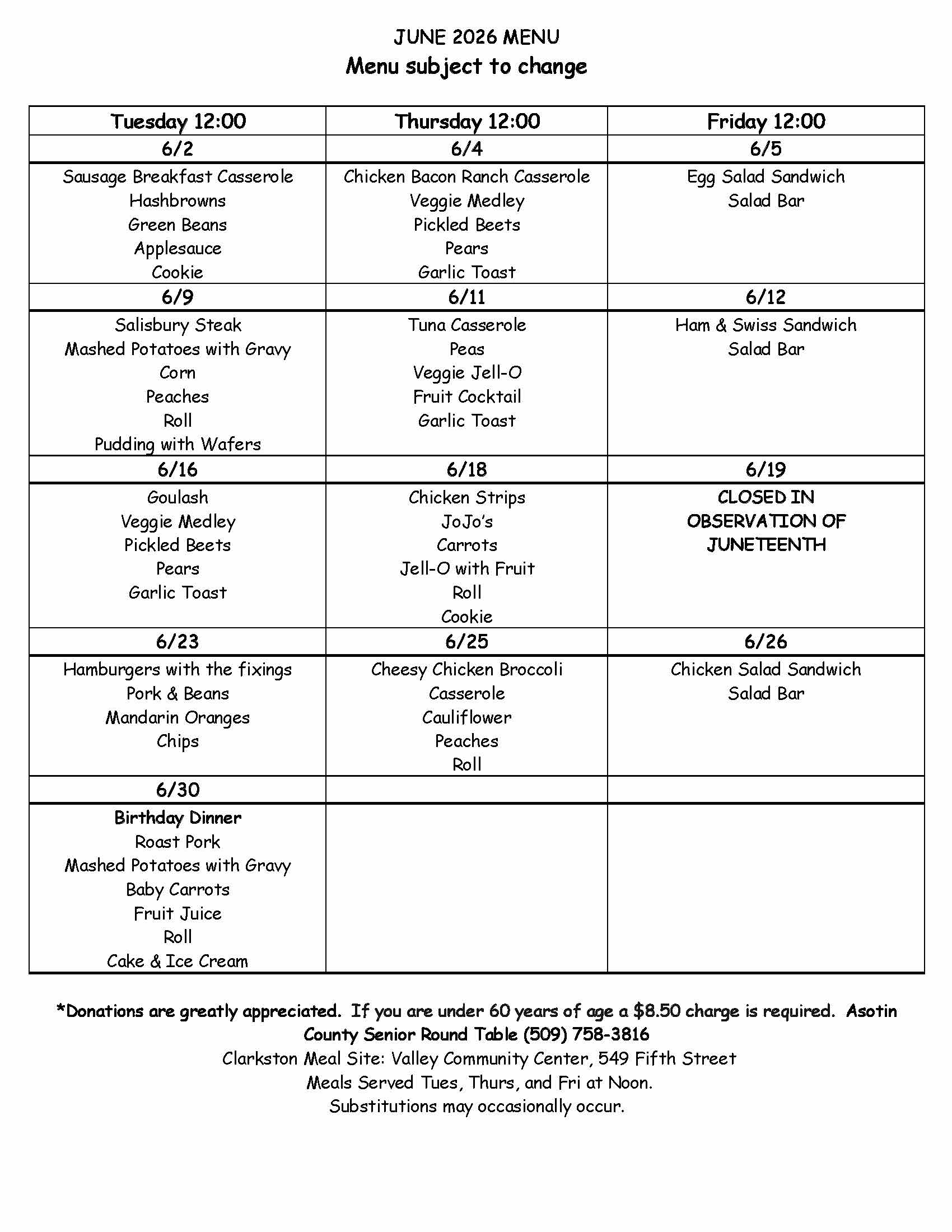 June 2026 Menu